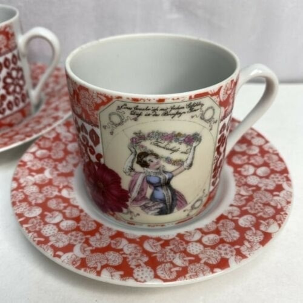 Vintage Gloria Vanderbilt 2 Piece Set Demi Teacups & Saucers Mushrooms Reds - Picture 4 of 10